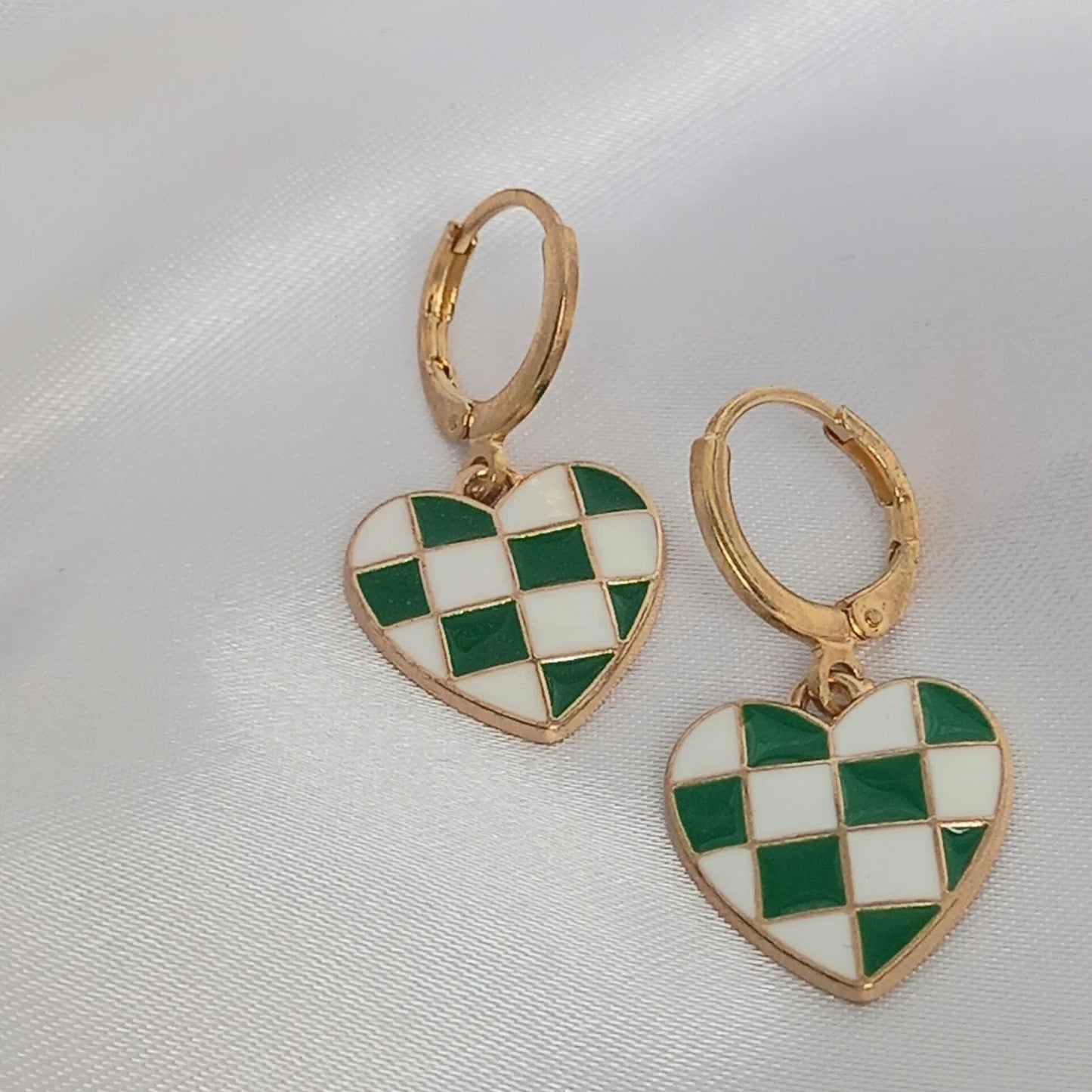 Green & White Retro Heart Drop Earrings - Green Heart Earrings In The UK,70's Style Earrings,Vintage Style,Green Checkered Jewellery,Gold