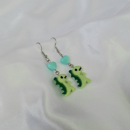 Green & Blue Dinosaur Drop Earrings - Dinosaur Earrings,Bead Earrings,Bead Jewellery,Dinosaur Jewellery,Novelty Earrings,Funky Earrings