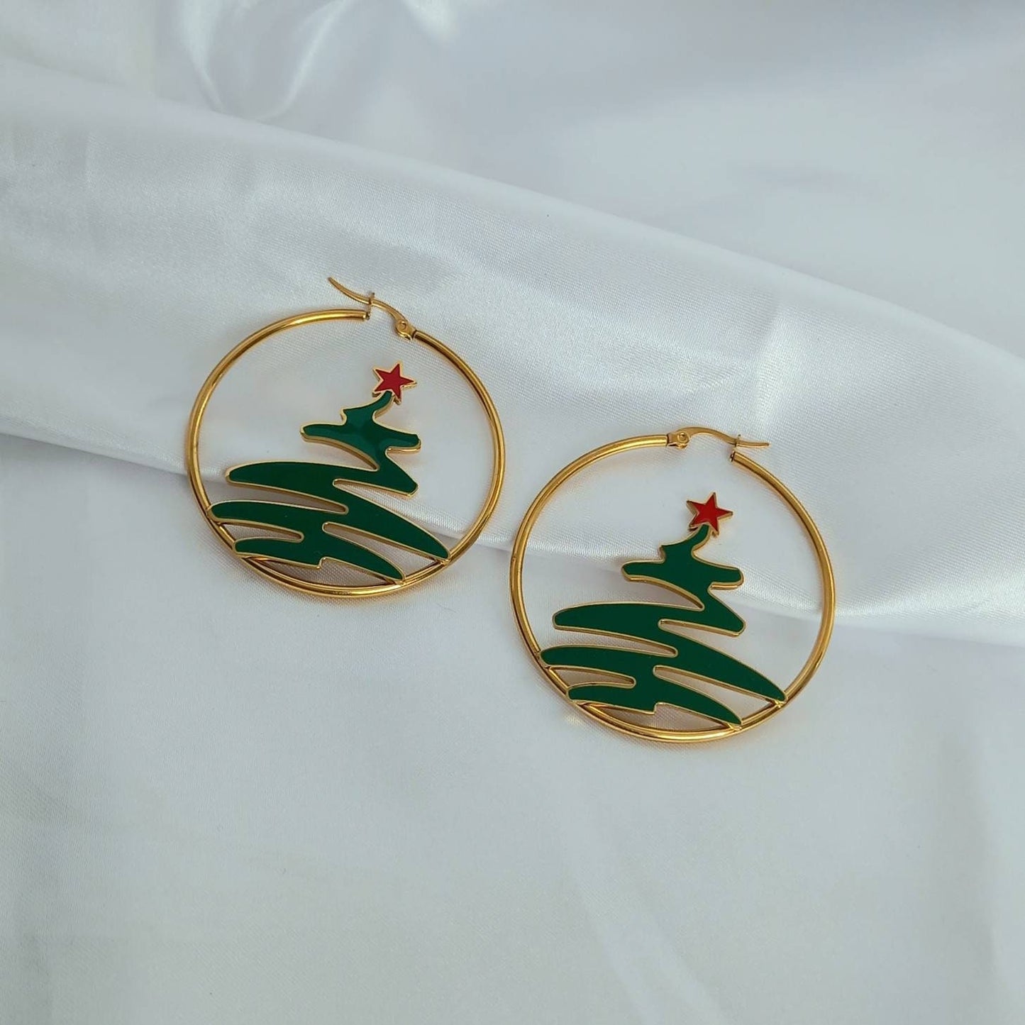 Gold Christmas Tree Hoop Earrings - Christmas Earrings,Large Gold Hoops,Christmas Tree Earrings,Gold Jewellery,Gold Earrings In The UK