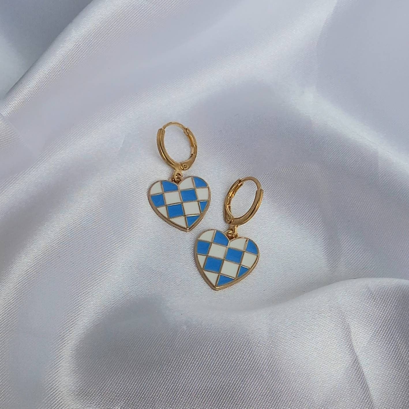 Blue & White Retro Heart Drop Earrings - Blue Heart Earrings In The UK,70's Style Earrings,Vintage Style,Blue Checkered Jewellery,Gold