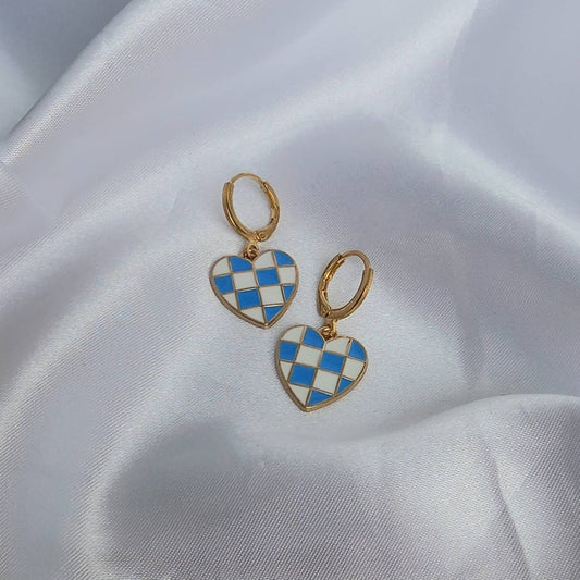 Blue & White Retro Heart Drop Earrings - Blue Heart Earrings In The UK,70's Style Earrings,Vintage Style,Blue Checkered Jewellery,Gold