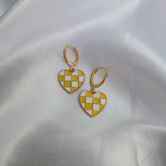 Yellow & White Retro Heart Drop Earrings - Yellow Heart Earrings In The UK,70's Style Earrings,Vintage Style,Yellow Checkered Jewellery,Gold