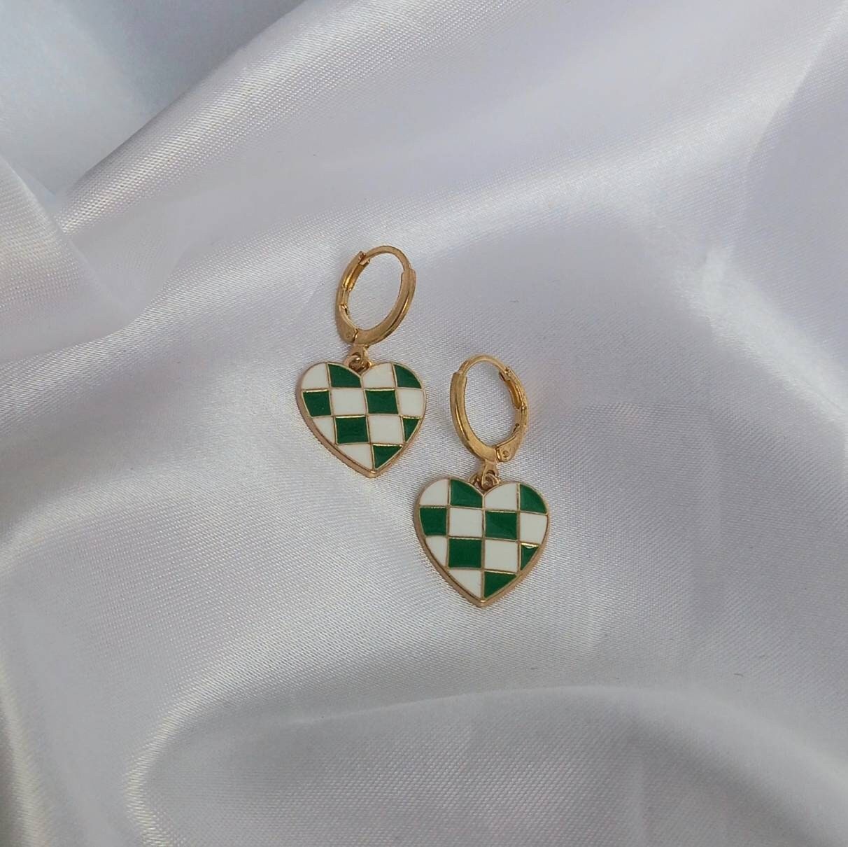 Green & White Retro Heart Drop Earrings - Green Heart Earrings In The UK,70's Style Earrings,Vintage Style,Green Checkered Jewellery,Gold