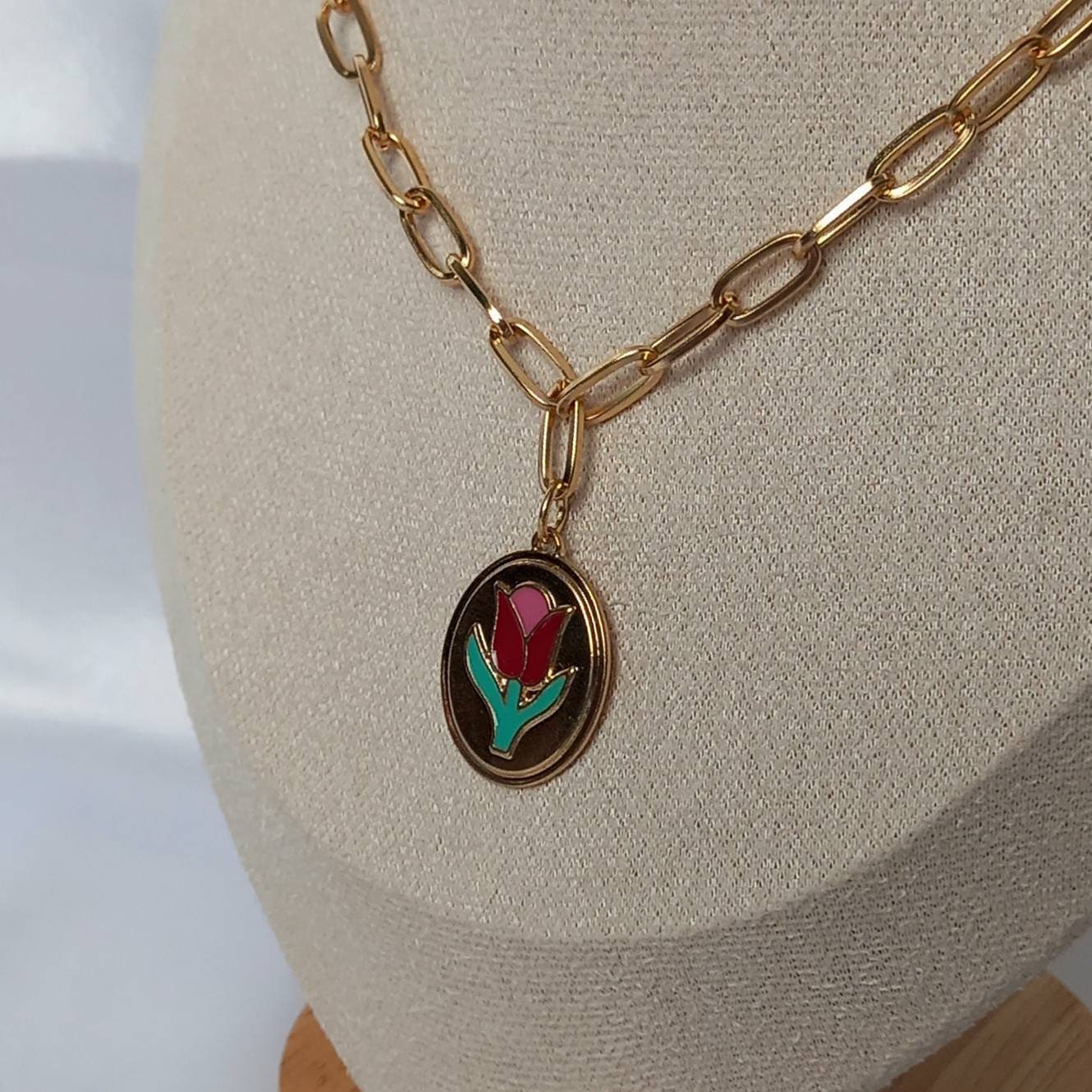 Gold Tulip Flower Necklace - Gold Necklaces In The UK,Gold Jewellery In The UK,Pink Tulip Necklace,Pink Flower Necklace,Gold Chain Necklaces