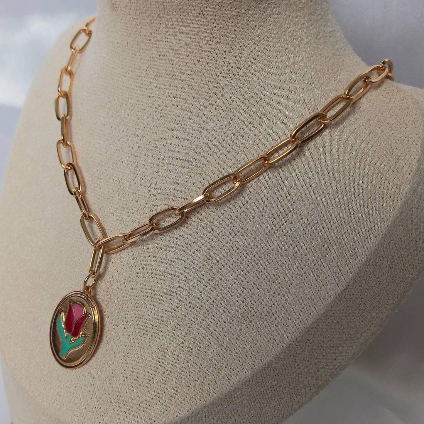 Gold Tulip Flower Necklace - Gold Necklaces In The UK,Gold Jewellery In The UK,Pink Tulip Necklace,Pink Flower Necklace,Gold Chain Necklaces