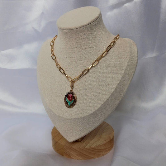 Gold Tulip Flower Necklace - Gold Necklaces In The UK,Gold Jewellery In The UK,Pink Tulip Necklace,Pink Flower Necklace,Gold Chain Necklaces