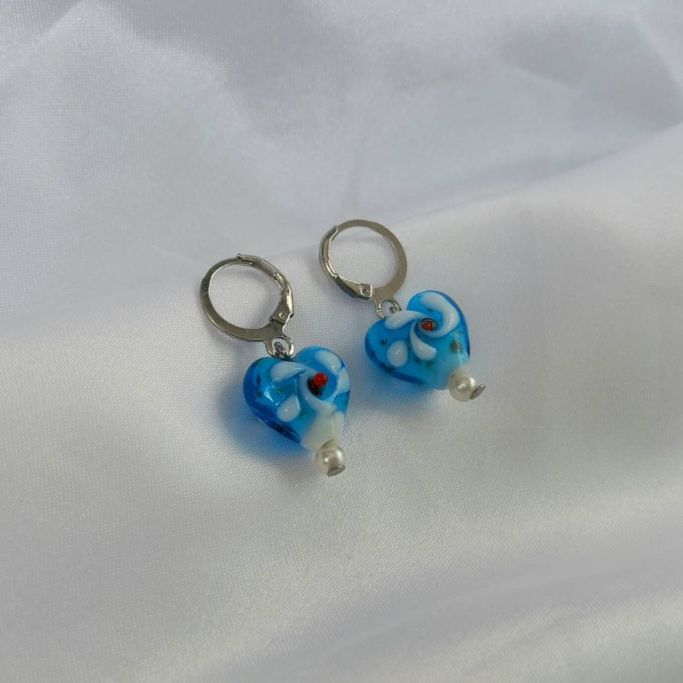 Blue & Silver Bead Heart Earrings - Blue Bead Earrings,Blue Bead Jewellery,Beaded Earrings In The UK,Beaded Jewellery,Blue Heart Earrings