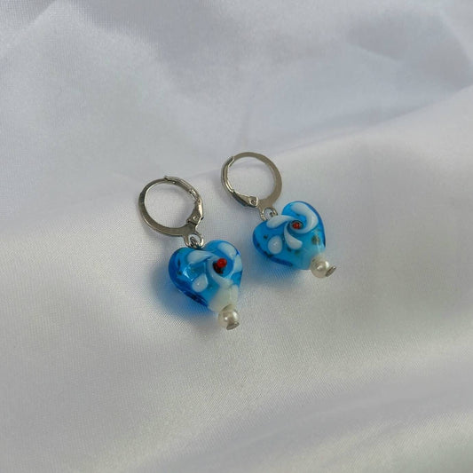 Blue & Silver Bead Heart Earrings - Blue Bead Earrings,Blue Bead Jewellery,Beaded Earrings In The UK,Beaded Jewellery,Blue Heart Earrings