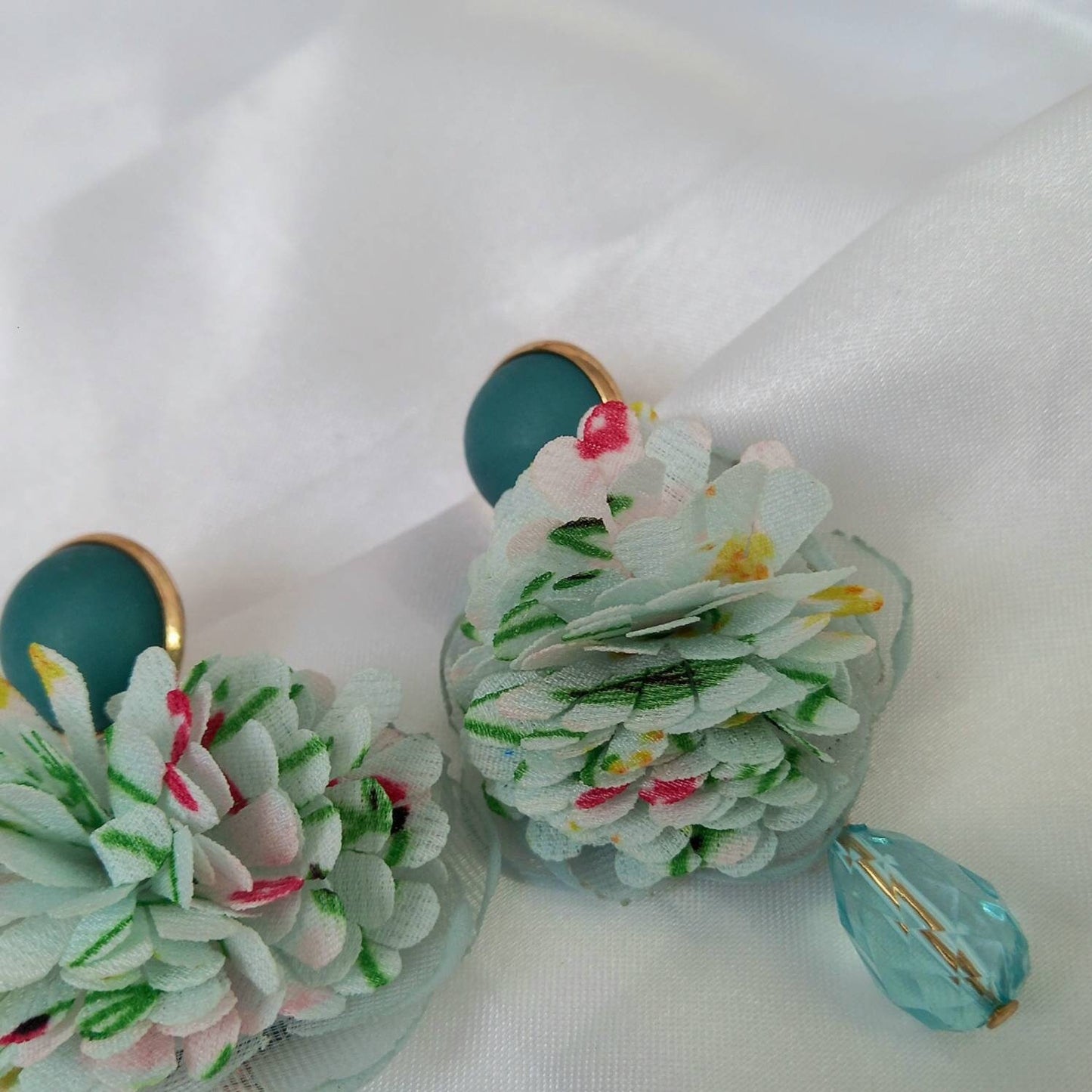 Green & Gold Flower Drop Earrings - Green Flower Earrings In The UK,Flower Jewlellery In The UK,Fabric Earrings,Green Earrings,Bead Earrings