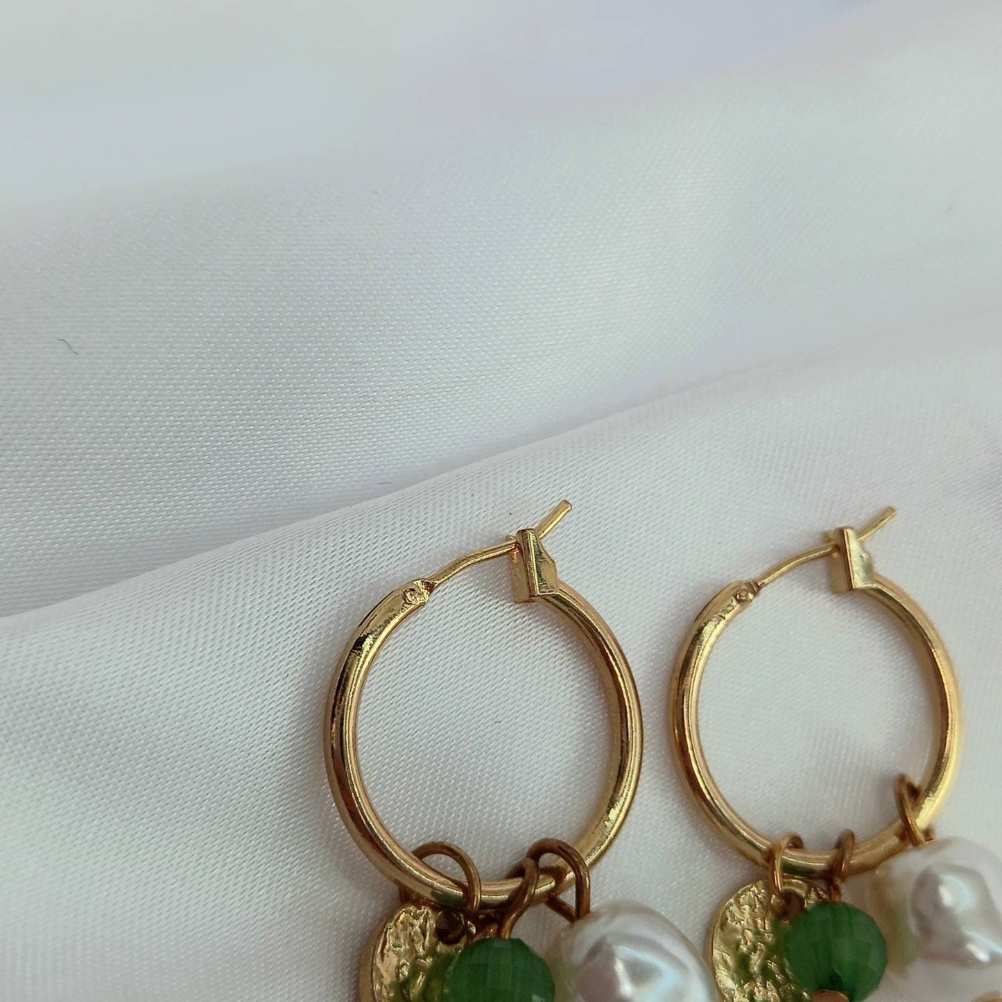 Faux Pearl Hoop Earrings - Pearl Jewellery,Pearl Earrings,Gold Hoops,Gold Hoop Earrings In The UK,Green Bead Earrings,Green Bead Jewellery