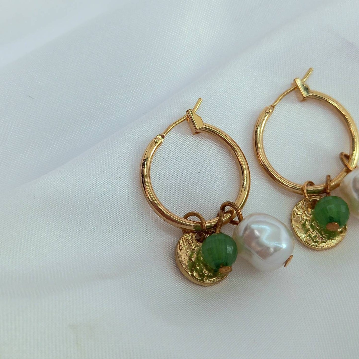 Faux Pearl Hoop Earrings - Pearl Jewellery,Pearl Earrings,Gold Hoops,Gold Hoop Earrings In The UK,Green Bead Earrings,Green Bead Jewellery
