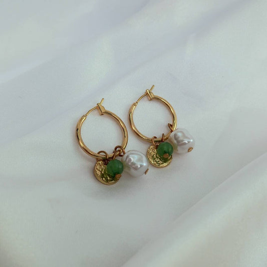 Faux Pearl Hoop Earrings - Pearl Jewellery,Pearl Earrings,Gold Hoops,Gold Hoop Earrings In The UK,Green Bead Earrings,Green Bead Jewellery