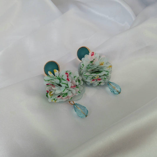 Green & Gold Flower Drop Earrings - Green Flower Earrings In The UK,Flower Jewlellery In The UK,Fabric Earrings,Green Earrings,Bead Earrings