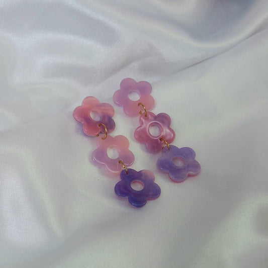 Purple Flower Drop Earrings-Purple Flower Earrings In The UK,Purple Flower Jewlellery In The UK,Retro Earrings,70's Earrings,Purple Earrings