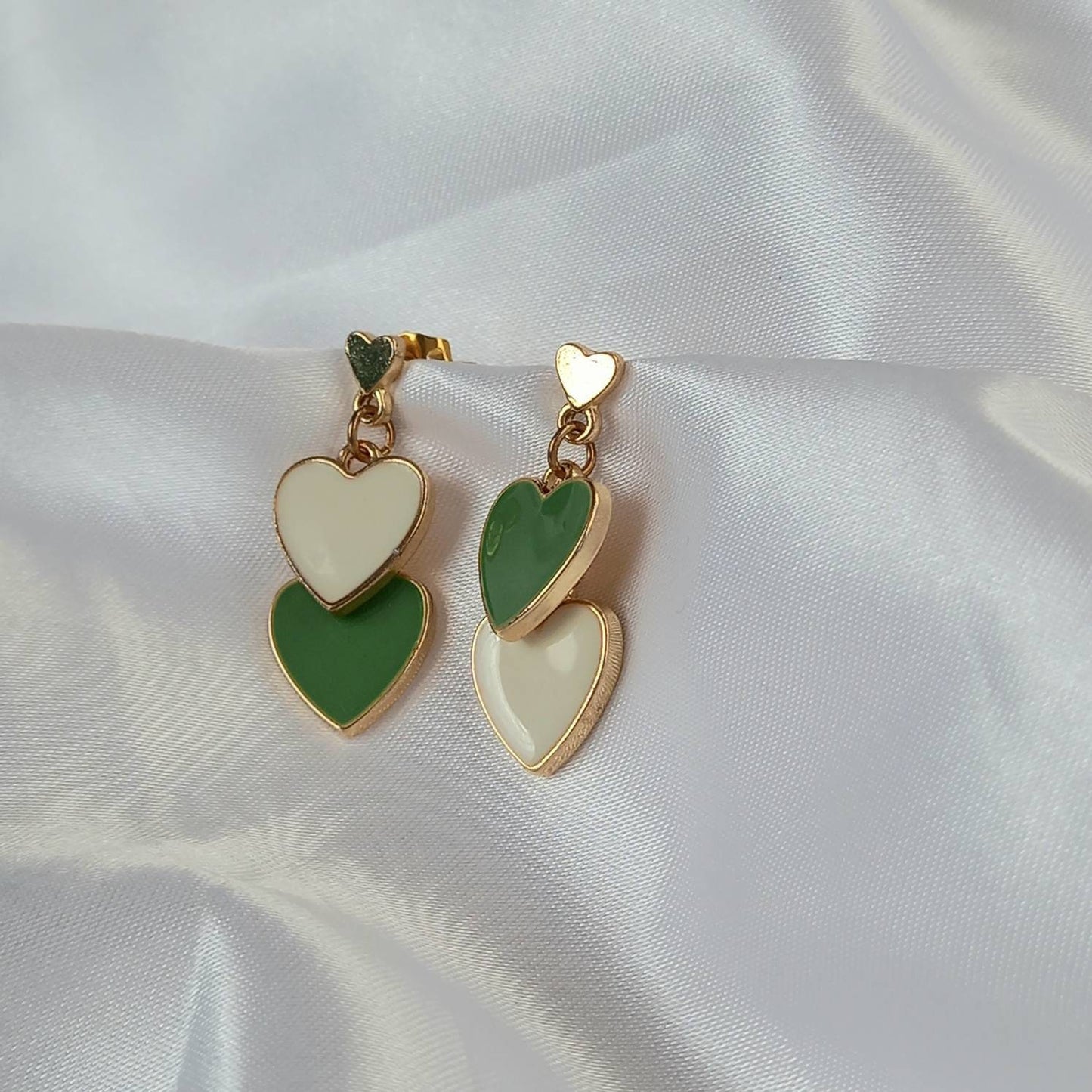 Green & Gold Retro Heart Earrings - Green Heart Earrings,70's Style Earrings,Vintage Style,Green Jewellery In The UK,Gold Earrings In The UK