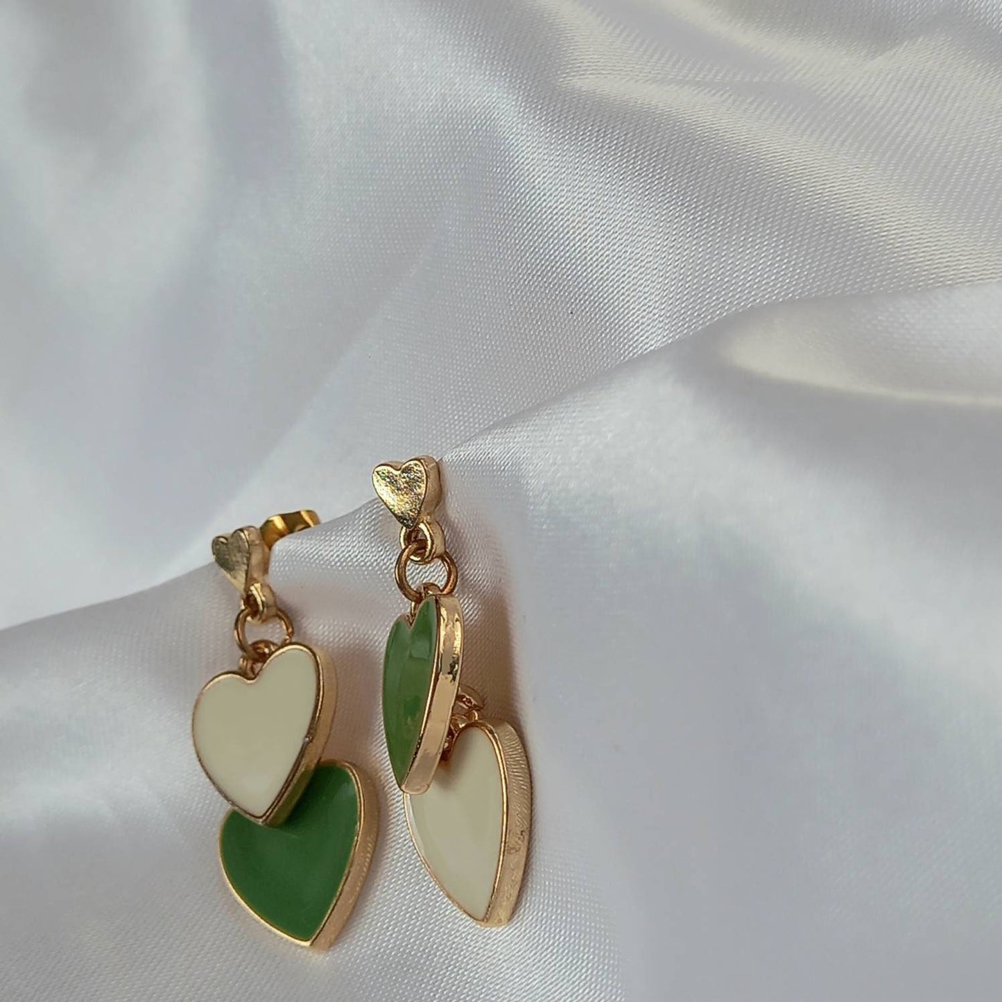 Green & Gold Retro Heart Earrings - Green Heart Earrings,70's Style Earrings,Vintage Style,Green Jewellery In The UK,Gold Earrings In The UK