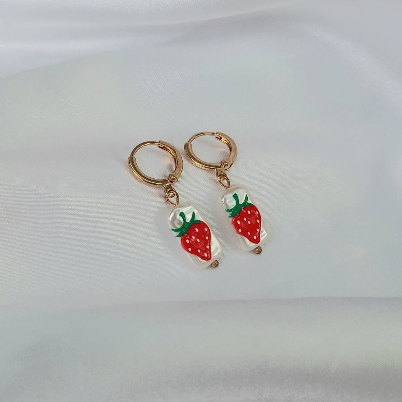 Faux Pearl Strawberry Drop Earrings - Pearl Earrings,Gold Earrings,Strawberry Earrings,Small Drop Earrings,Strawberry Jewellery In The UK