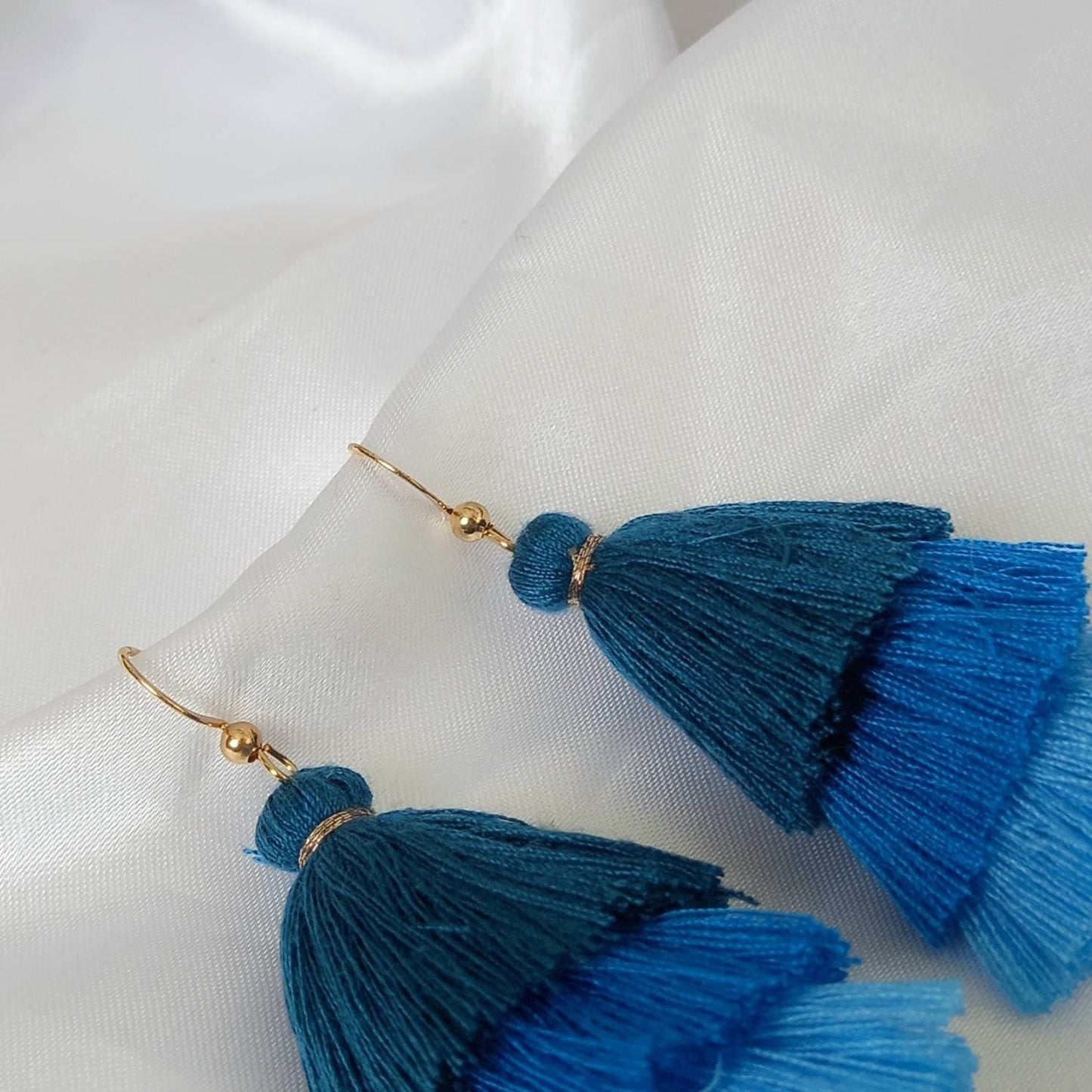 Blue & Gold Tassel Earrings - Blue Tassel Earrings,Blue Tassel Jewellery,Gold Jewellery In The UK,Gold Earrings In The UK,Funky Earrings