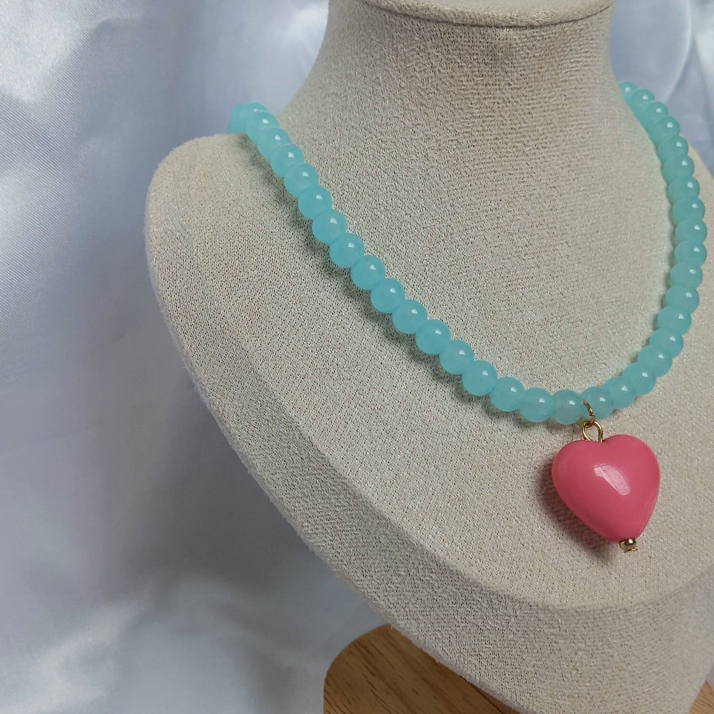 Chunky Blue Bead Heart Necklace - Chunky Bead Necklace,Pink Heart Necklace,Bead Jewellery,Bead Necklace,Pink Bead Necklace,Pink Necklace