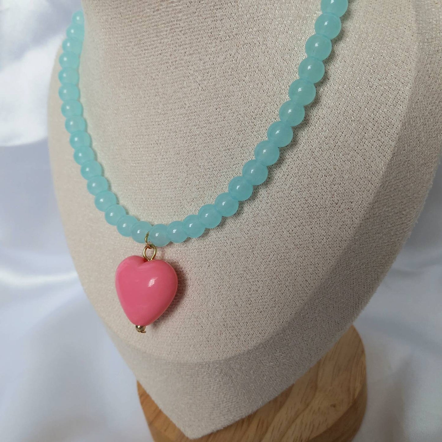 Chunky Blue Bead Heart Necklace - Chunky Bead Necklace,Pink Heart Necklace,Bead Jewellery,Bead Necklace,Pink Bead Necklace,Pink Necklace
