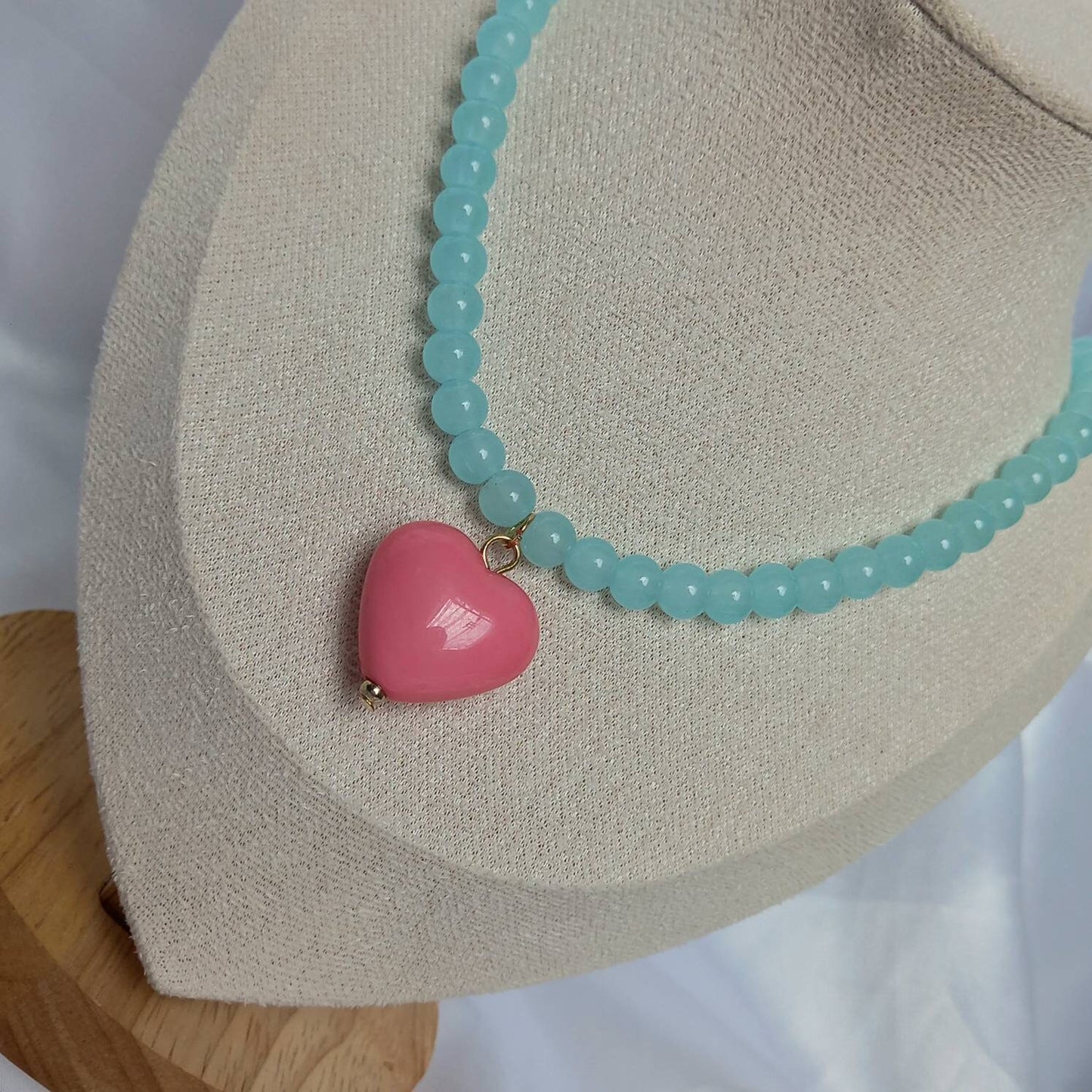 Chunky Blue Bead Heart Necklace - Chunky Bead Necklace,Pink Heart Necklace,Bead Jewellery,Bead Necklace,Pink Bead Necklace,Pink Necklace