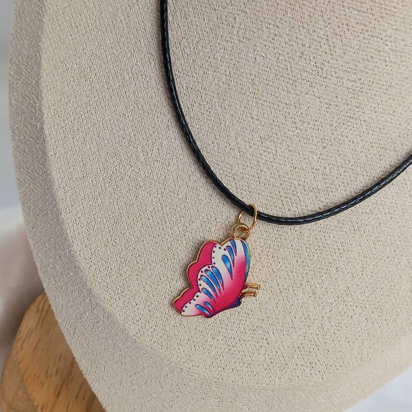 Pink Butterfly Charm Necklace - Pink Butterfly Necklaces,Pink Butterfly Jewellery,Butterflies,Black Necklaces In The UK,Jewellery In The UK