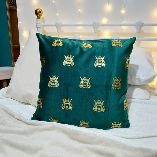 Gold Bee Cushion Cover - Emerald Green Cushion,Gold Cushions In The UK,Geometric,Green Scatter Cushions,Housewarming Gift,Throw Pillows