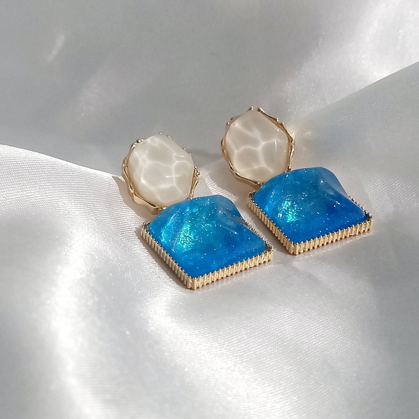 Blue and White Resin Drop Earrings - Blue Earrings,White Earrings,Gold Earrings,Resin Earrings,Chunky Blue Earrings In The UK,Blue Jewellery