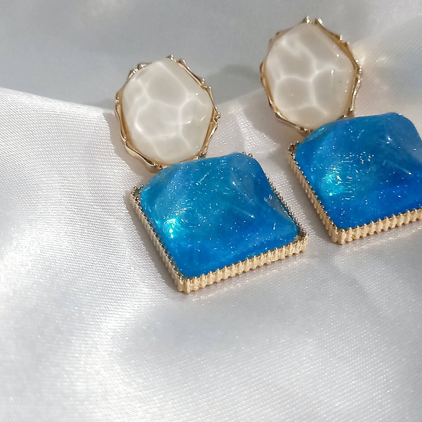 Blue and White Resin Drop Earrings - Blue Earrings,White Earrings,Gold Earrings,Resin Earrings,Chunky Blue Earrings In The UK,Blue Jewellery