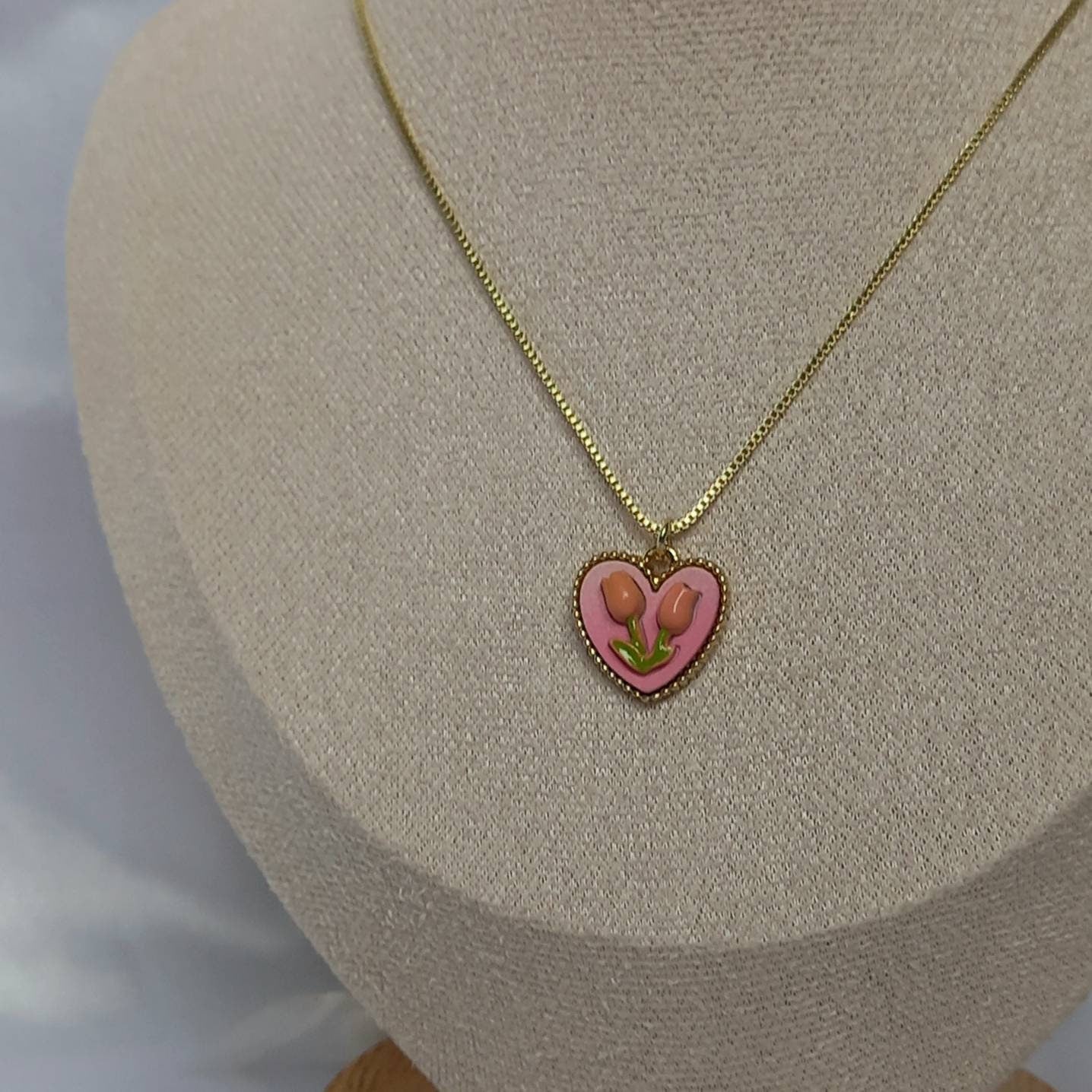 Pink & Gold Retro Flower Charm Necklace - Tulip Necklace,Pink Necklace,Pink Jewellery,Vintage Style,Pink Jewellery,Gold Necklaces In The UK