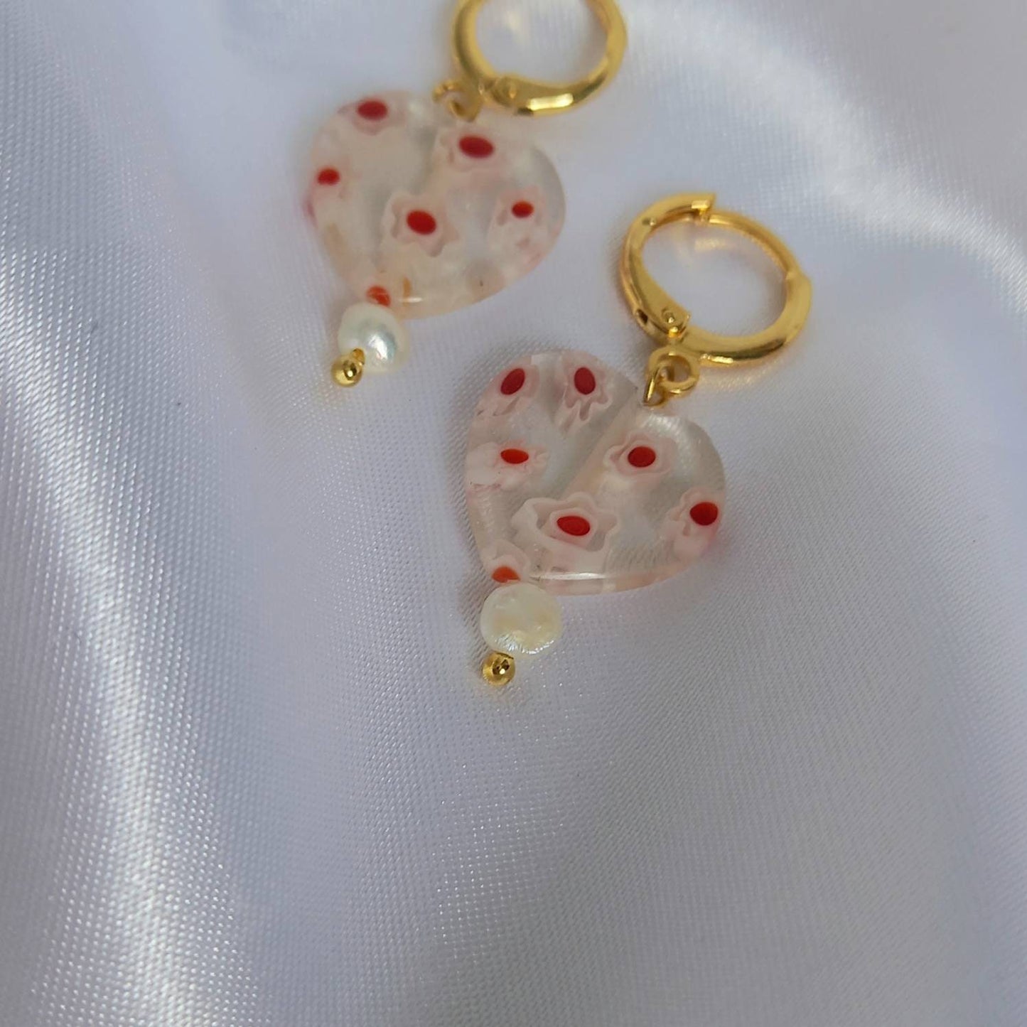 Pink & Gold Retro Heart Bead Earrings - Bead Heart Earrings,Beaded Earrings,Heart Jewellery,Pink Earrings In The UK,Pink Jewellery In The UK