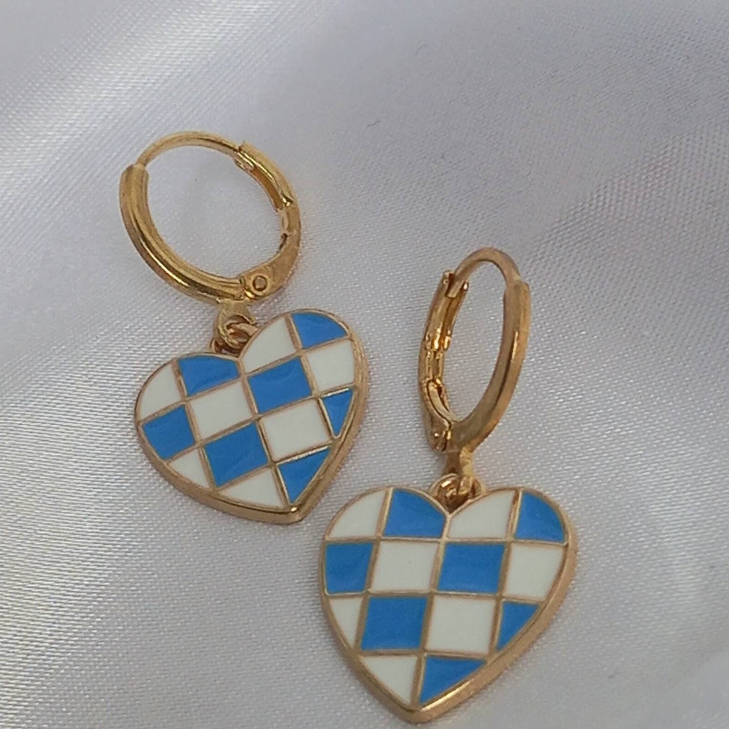Blue & White Retro Heart Drop Earrings - Blue Heart Earrings In The UK,70's Style Earrings,Vintage Style,Blue Checkered Jewellery,Gold