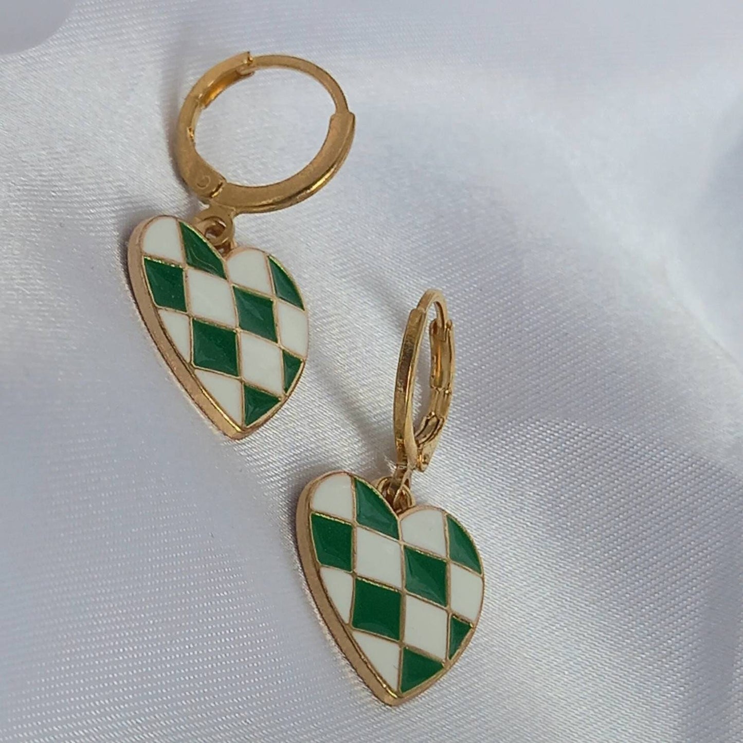 Green & White Retro Heart Drop Earrings - Green Heart Earrings In The UK,70's Style Earrings,Vintage Style,Green Checkered Jewellery,Gold