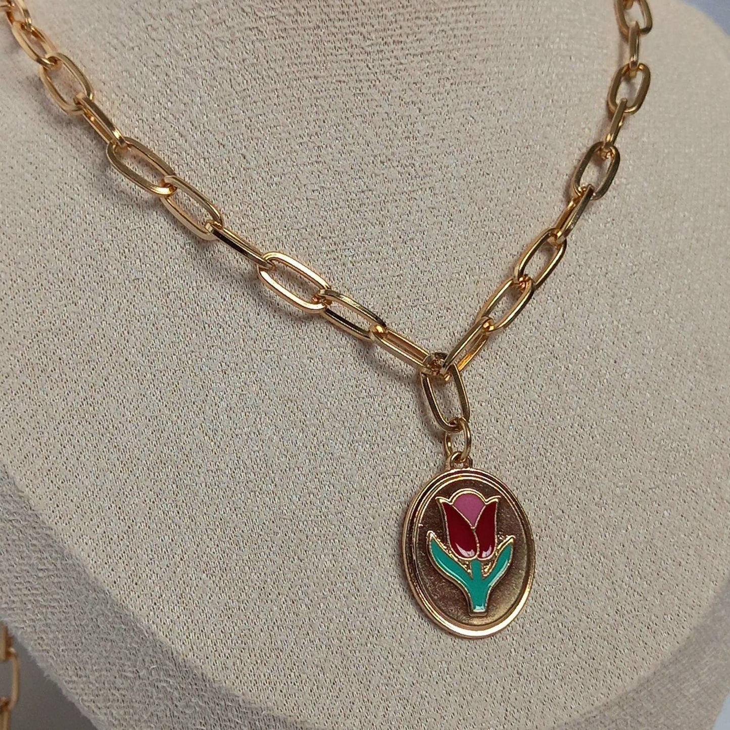 Gold Tulip Flower Necklace - Gold Necklaces In The UK,Gold Jewellery In The UK,Pink Tulip Necklace,Pink Flower Necklace,Gold Chain Necklaces