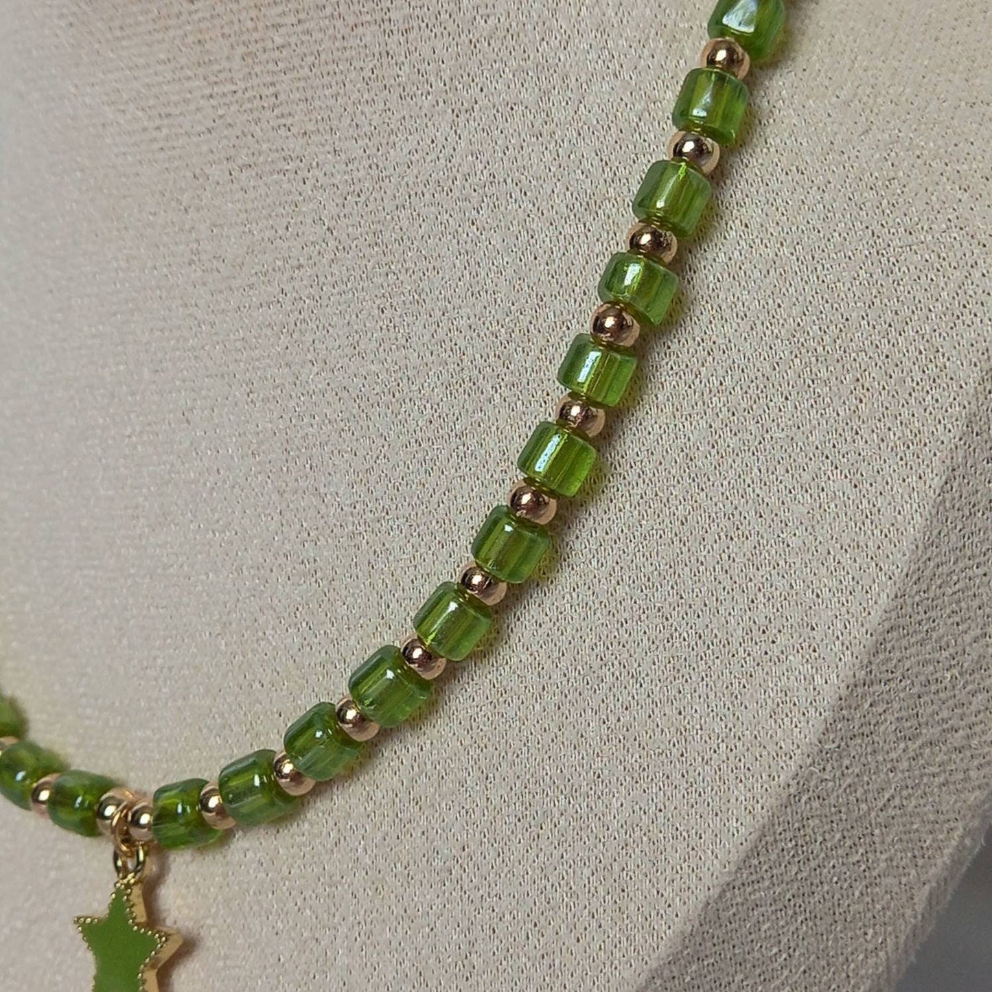 Green Beaded Star Necklace - Green Bead Necklace,Star Charm Necklace,Green Necklaces In The UK, Jewellery In The UK, Gold Beaded Necklace