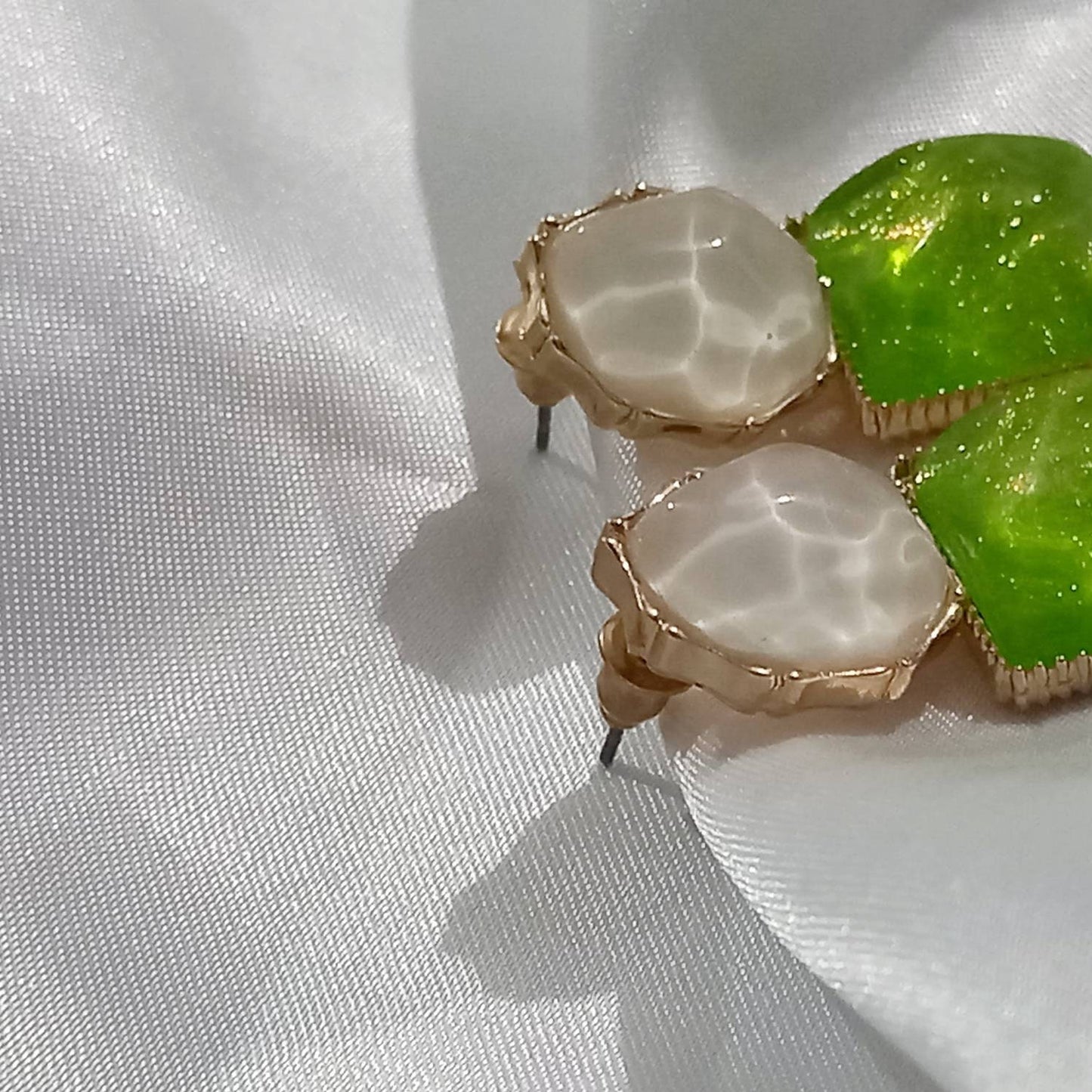 Green and White Resin Drop Earrings - Green Earrings,White Earrings,Gold Earrings,Resin Earrings,Chunky Earrings In The UK,Green Jewellery