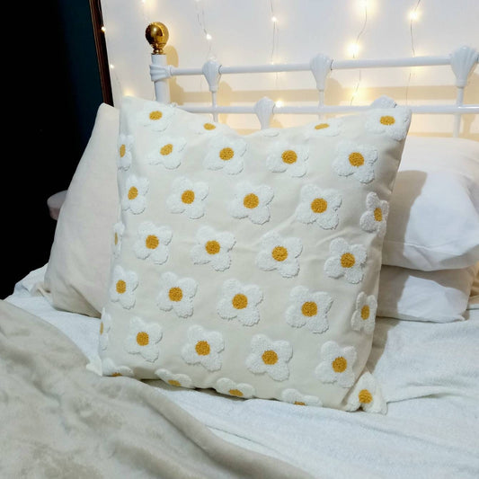 Embroidered Daisy Cushion Cover - Flower Cushion,Floral Cushions In The UK,Beige Bohemian,Housewarming Gift,Flower Throw Pillows In The UK
