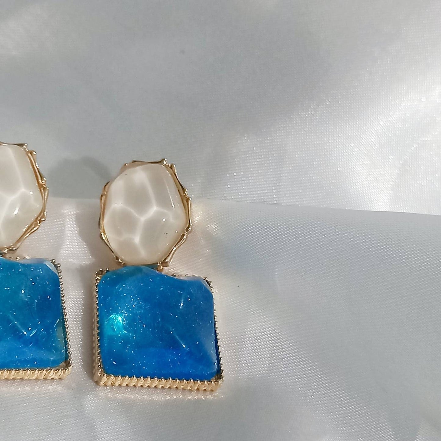 Blue and White Resin Drop Earrings - Blue Earrings,White Earrings,Gold Earrings,Resin Earrings,Chunky Blue Earrings In The UK,Blue Jewellery