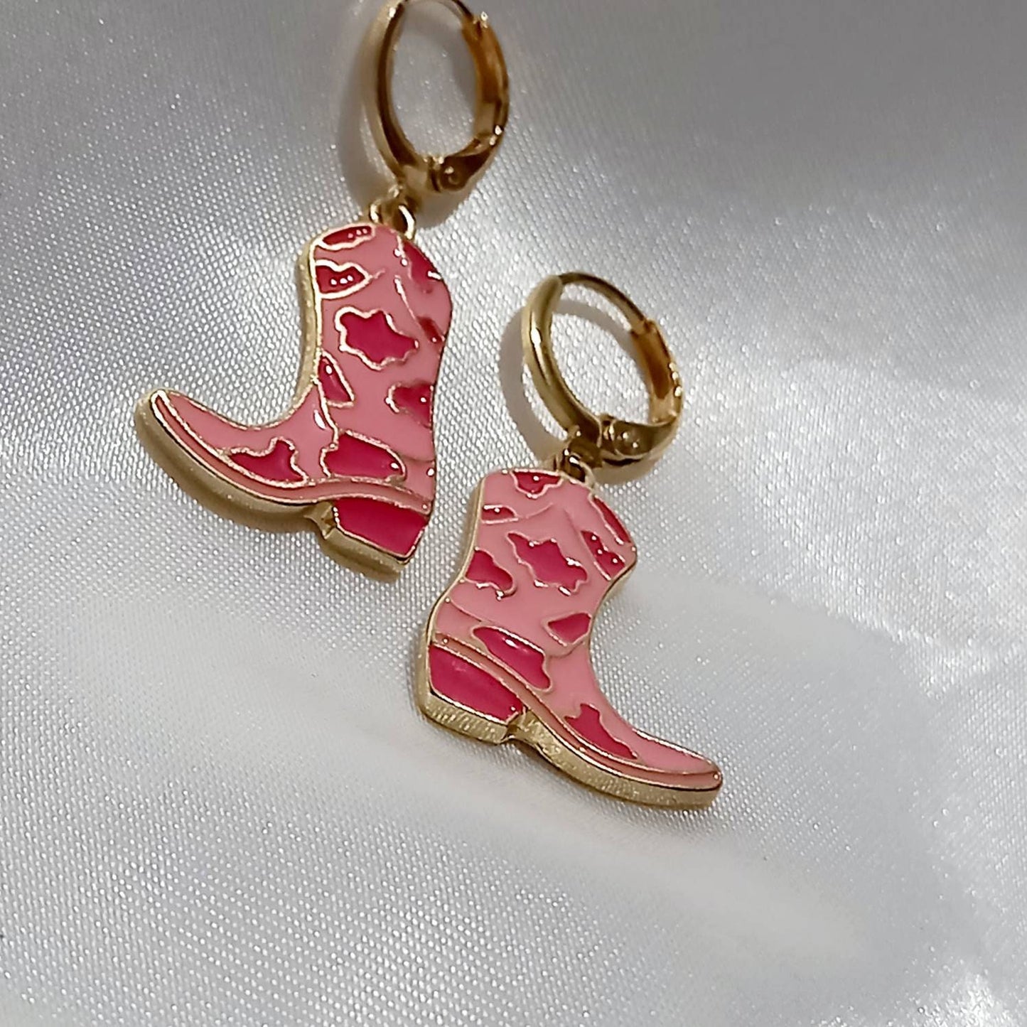 Pink Cowgirl Boot Drop Earrings - Pink Earrings,Pink Jewellery,Country,Western,Gold Earrings In The UK,Pink Cowboy Boots Earrings