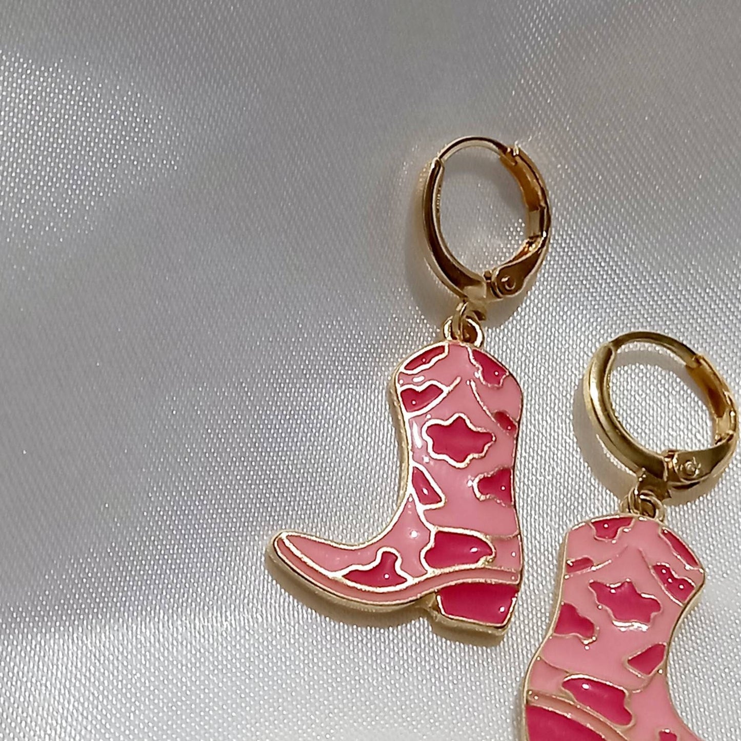 Pink Cowgirl Boot Drop Earrings - Pink Earrings,Pink Jewellery,Country,Western,Gold Earrings In The UK,Pink Cowboy Boots Earrings