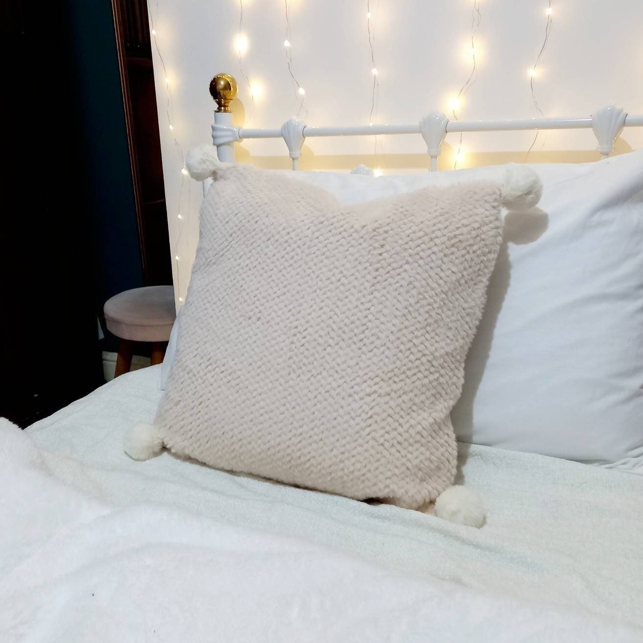 Fluffy Cushion Cover - Pom Pom Cushion,Neutral Cushion,Basic Cushions In The UK,Geometric,White Bohemian,Housewarming Gift,Throw Pillows