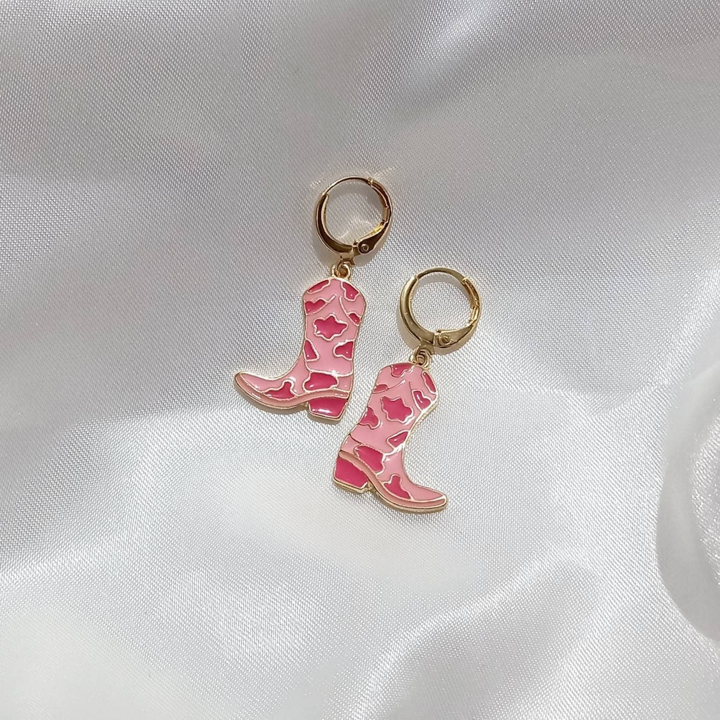Pink Cowgirl Boot Drop Earrings - Pink Earrings,Pink Jewellery,Country,Western,Gold Earrings In The UK,Pink Cowboy Boots Earrings