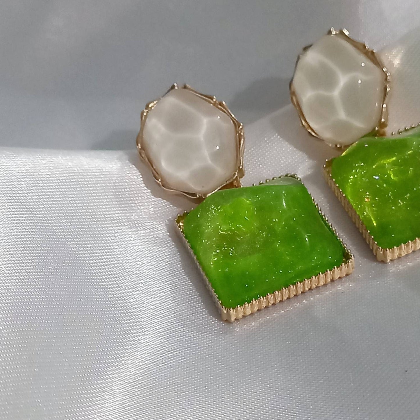 Green and White Resin Drop Earrings - Green Earrings,White Earrings,Gold Earrings,Resin Earrings,Chunky Earrings In The UK,Green Jewellery