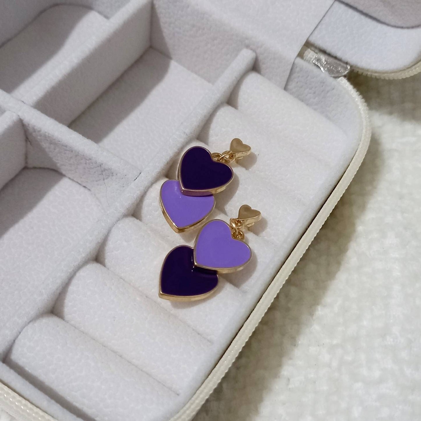 Purple & Gold Retro Heart Earrings - Purple Heart Earrings,70's Earrings,Vintage Style,Purple Jewellery In The UK,Gold Earrings In The UK
